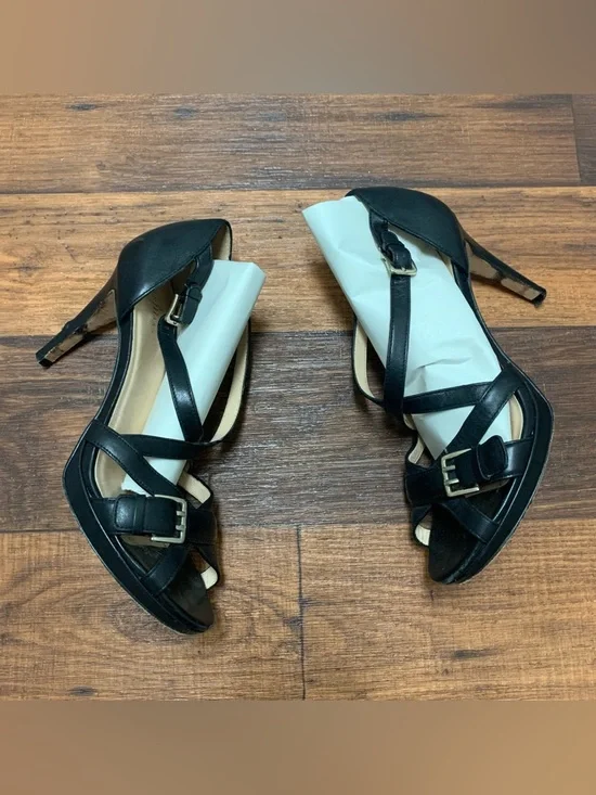 Cole Haan Nike Air Black Leather Strappy Open Toe Heels Size 10B Buckle Sandals - Picture 1 of 7